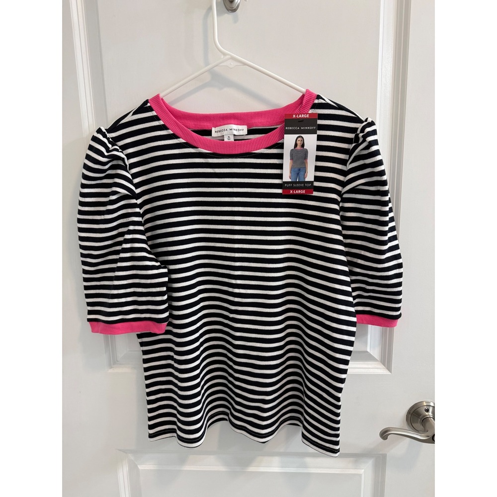 Rebecca Minkoff Puff Sleeve Top Black White Pink Stripe Ribbed Tee XL New